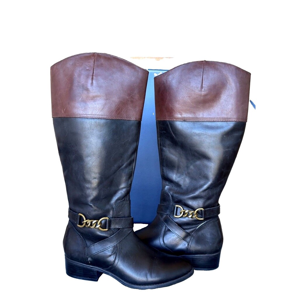 Lauren Ralph Lauren Menna W Leather Wide Calf Riding Boots Black Brown 7.5B
